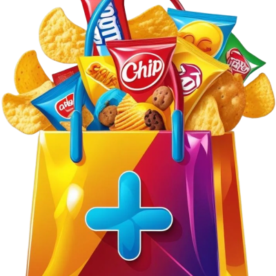 Colorful 3D Shopping Bag Logo Overflowing with Snacks